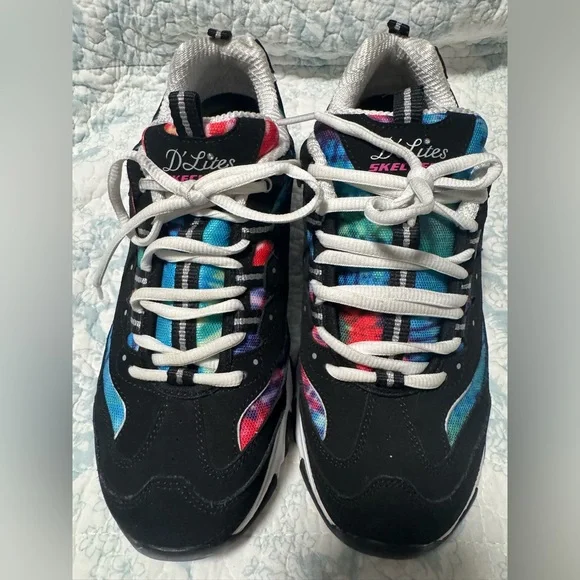 Skechers Women’s Black Sneakers with Rainbow Tie-Dye Accents - Picture 2 of 5